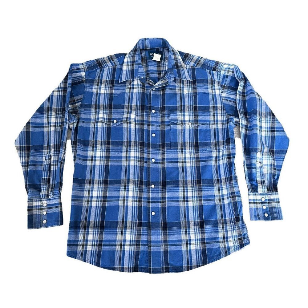Wrangler Western Shirts Men's Sz L Blue White Plaid Pearl Snap Long Sleeve Shirt - Picture 9 of 9